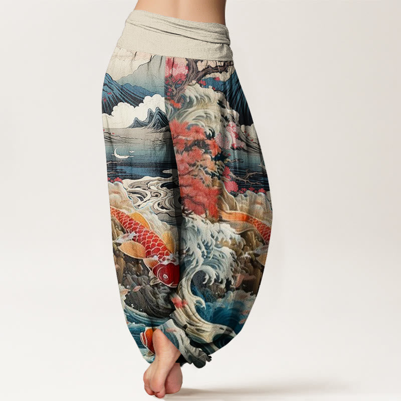 Nimara Ritual Cotton Casual Blossoming Tree Koi Fish Wave Mountain Pattern Women's Elastic Waist Harem Pants