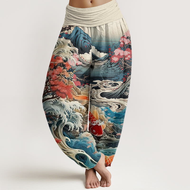 Nimara Ritual Cotton Casual Blossoming Tree Koi Fish Wave Mountain Pattern Women's Elastic Waist Harem Pants