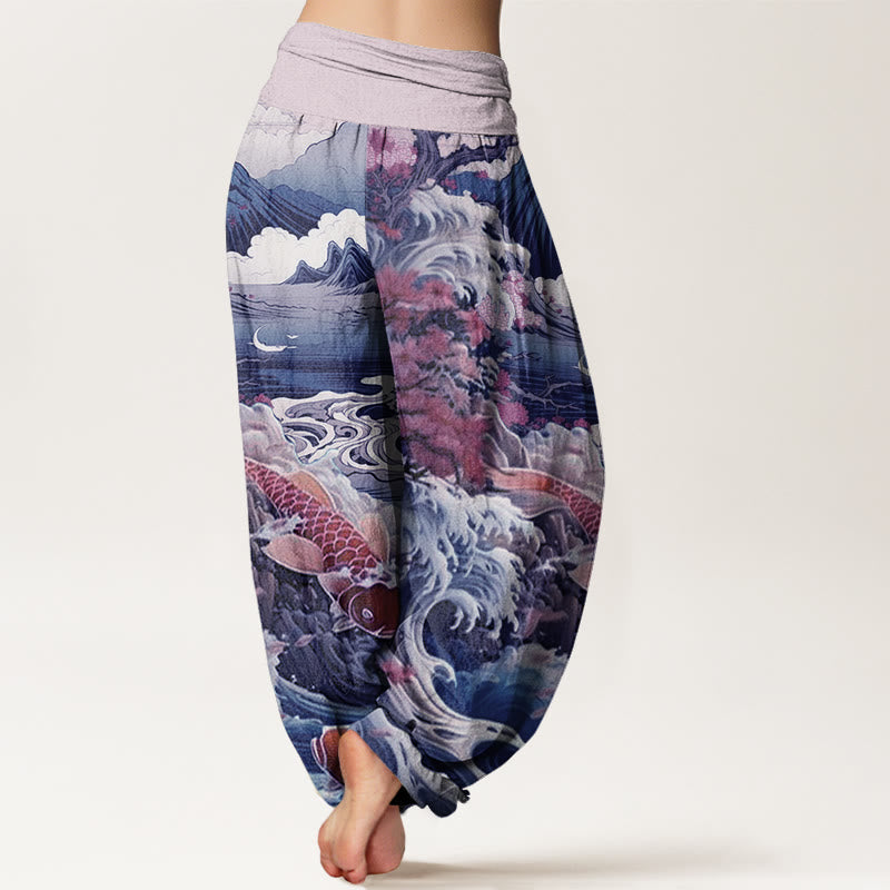 Nimara Ritual Cotton Casual Blossoming Tree Koi Fish Wave Mountain Pattern Women's Elastic Waist Harem Pants