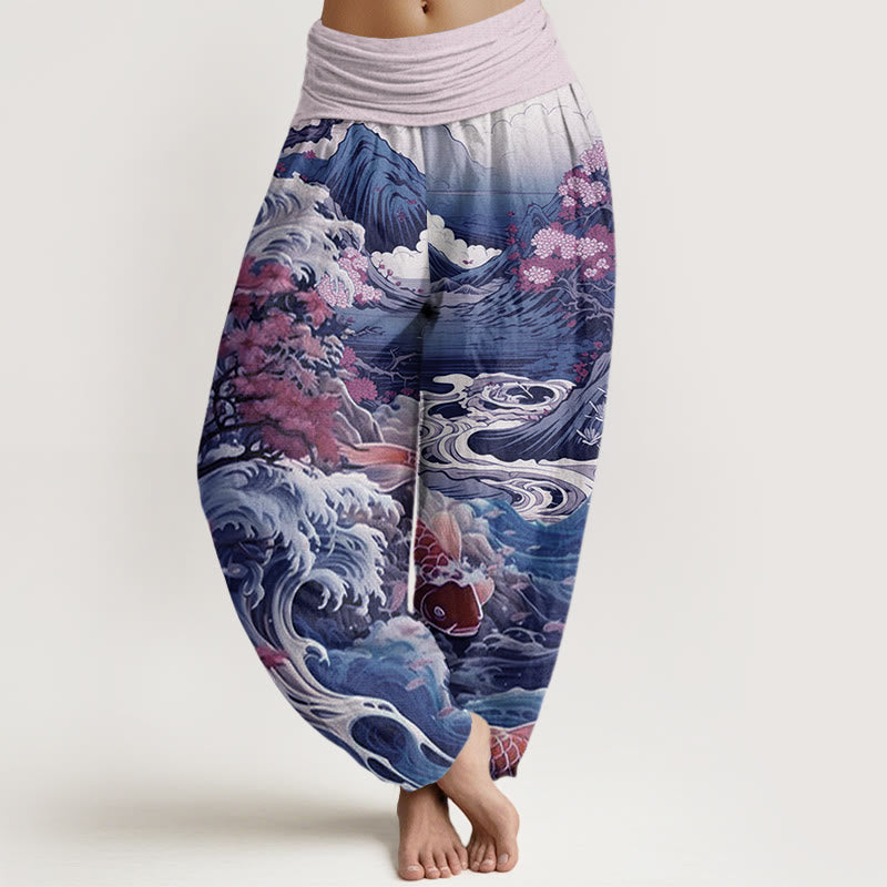 Nimara Ritual Cotton Casual Blossoming Tree Koi Fish Wave Mountain Pattern Women's Elastic Waist Harem Pants