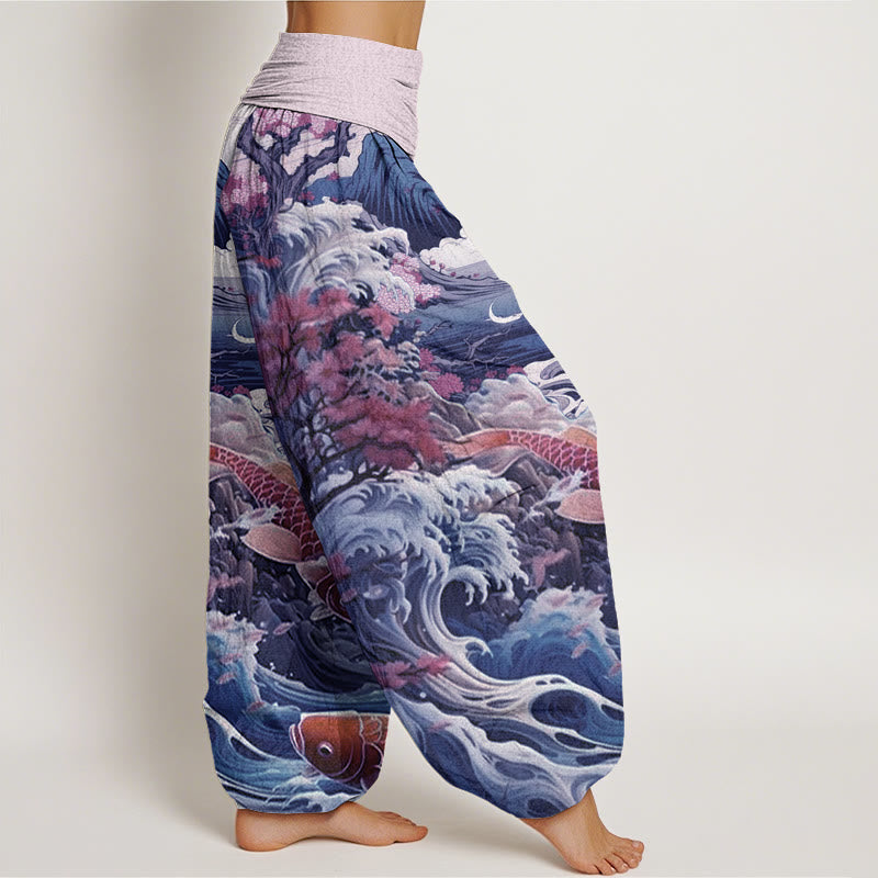 Nimara Ritual Cotton Casual Blossoming Tree Koi Fish Wave Mountain Pattern Women's Elastic Waist Harem Pants