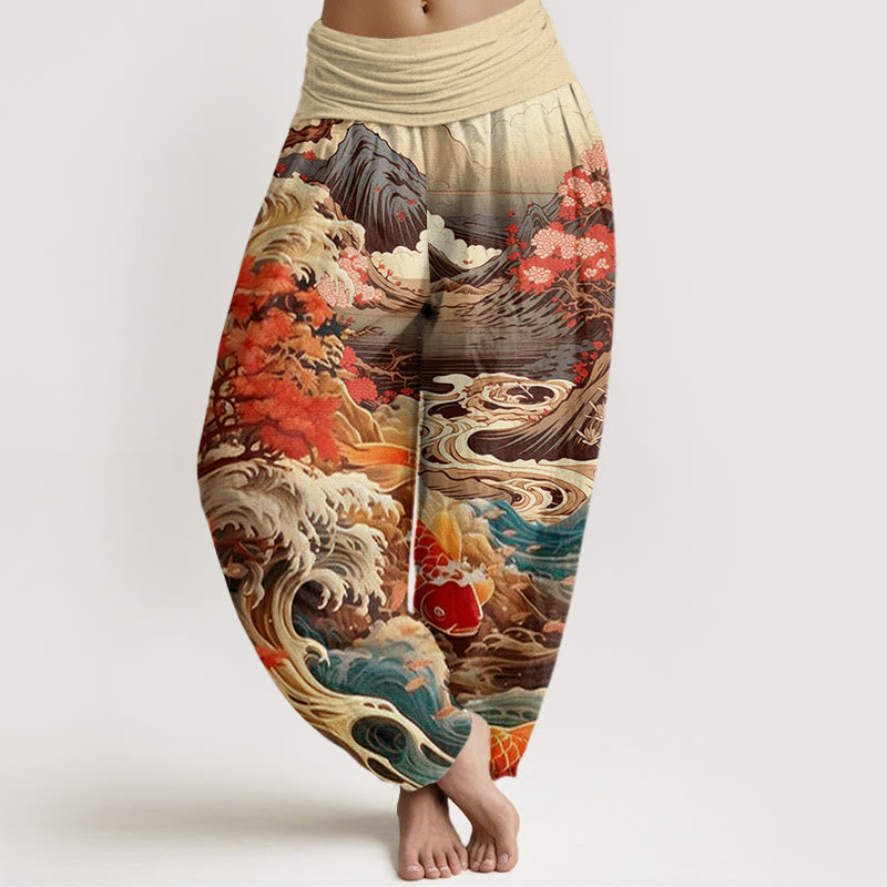 Nimara Ritual Cotton Casual Blossoming Tree Koi Fish Wave Mountain Pattern Women's Elastic Waist Harem Pants