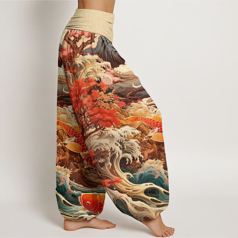 Nimara Ritual Cotton Casual Blossoming Tree Koi Fish Wave Mountain Pattern Women's Elastic Waist Harem Pants