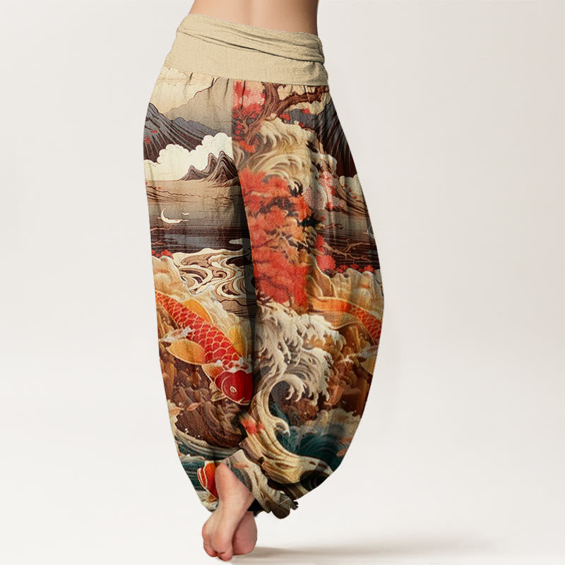 Nimara Ritual Cotton Casual Blossoming Tree Koi Fish Wave Mountain Pattern Women's Elastic Waist Harem Pants