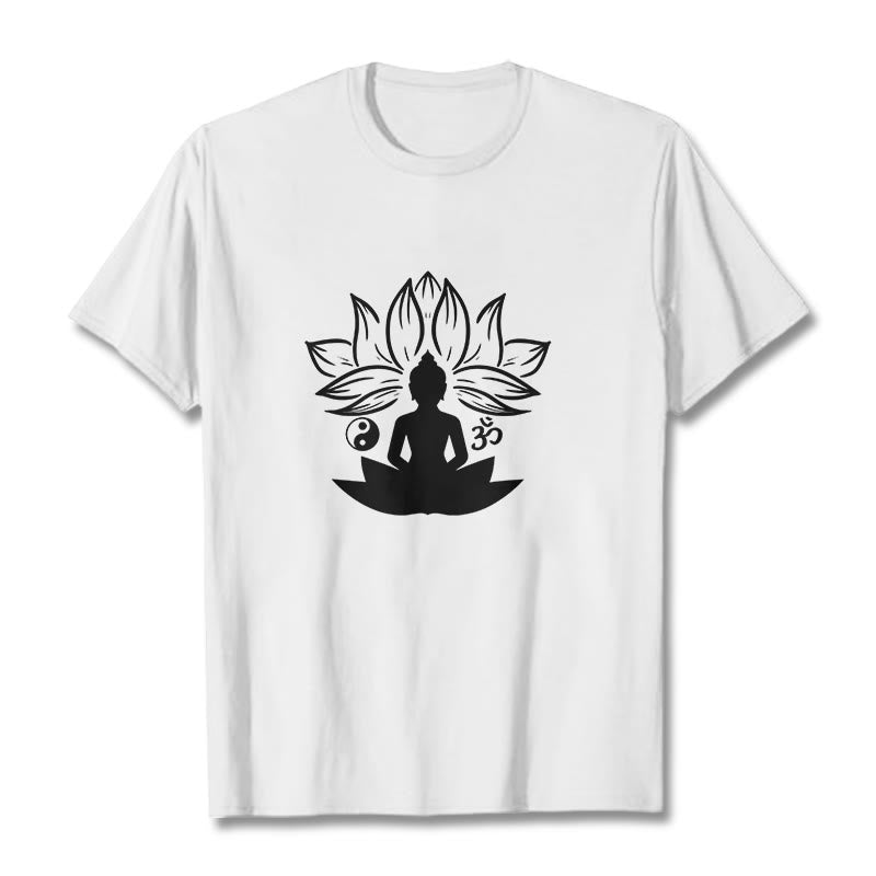 Nimara Ritual Om Yin Yang Buddha Statue Sitting Lotus Meditation Tee T-shirt