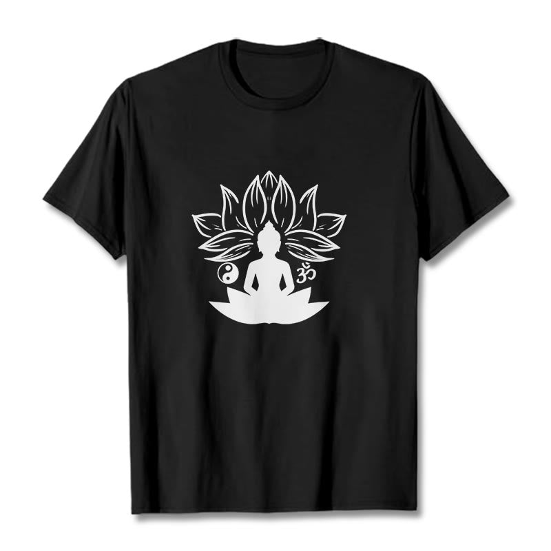 Nimara Ritual Om Yin Yang Buddha Statue Sitting Lotus Meditation Tee T-shirt