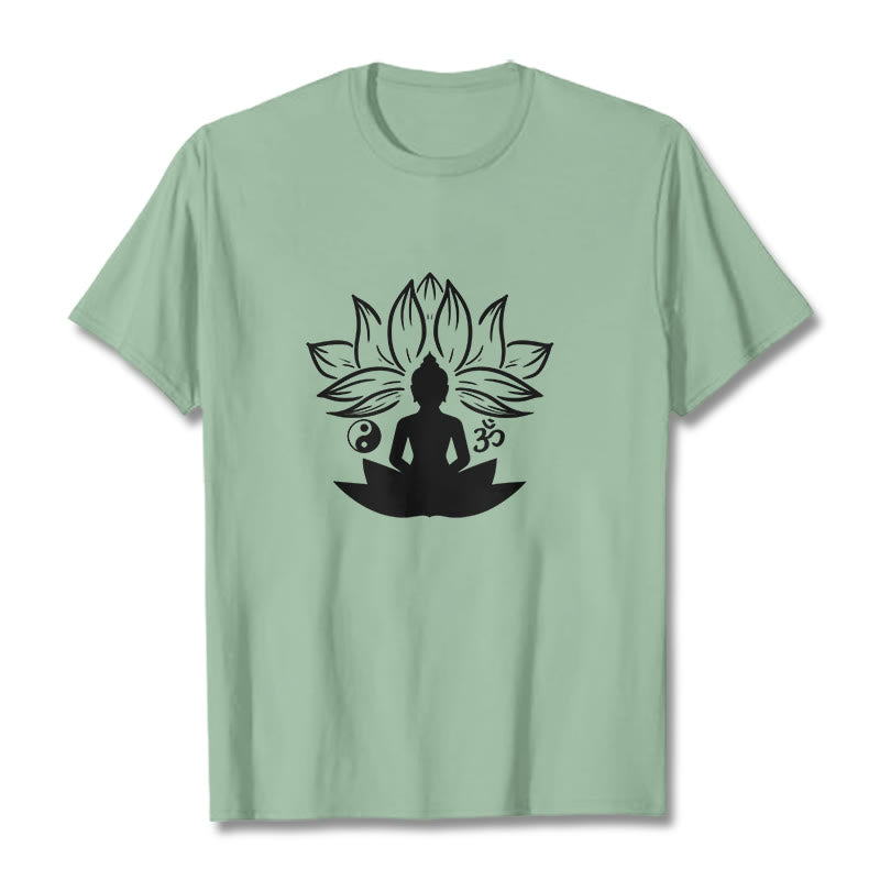 Nimara Ritual Om Yin Yang Buddha Statue Sitting Lotus Meditation Tee T-shirt