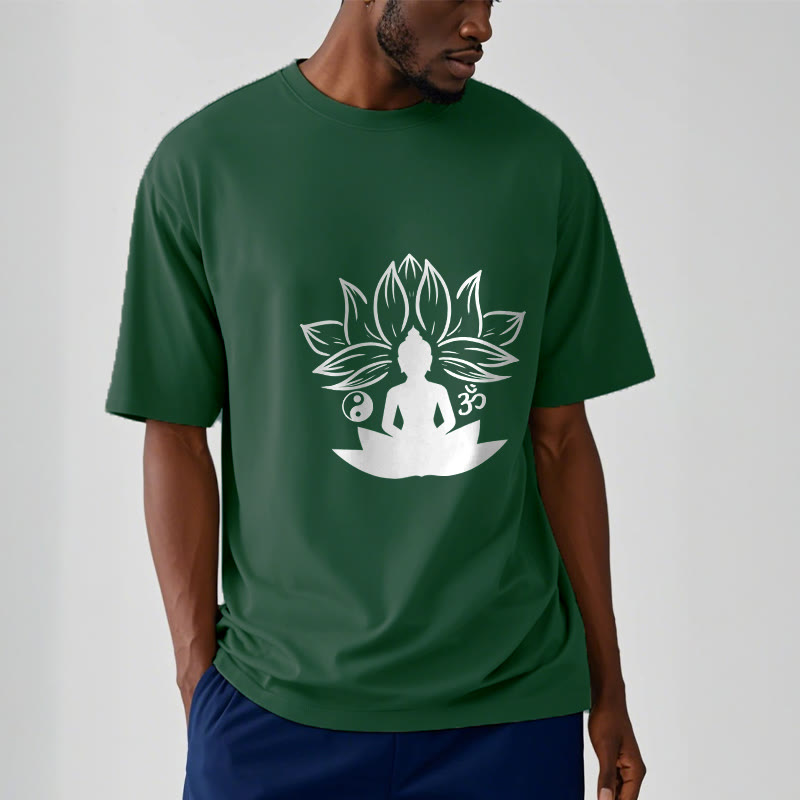 Nimara Ritual Om Yin Yang Buddha Statue Sitting Lotus Meditation Tee T-shirt