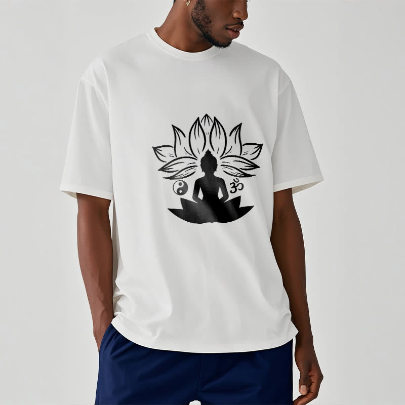 Nimara Ritual Om Yin Yang Buddha Statue Sitting Lotus Meditation Tee T-shirt