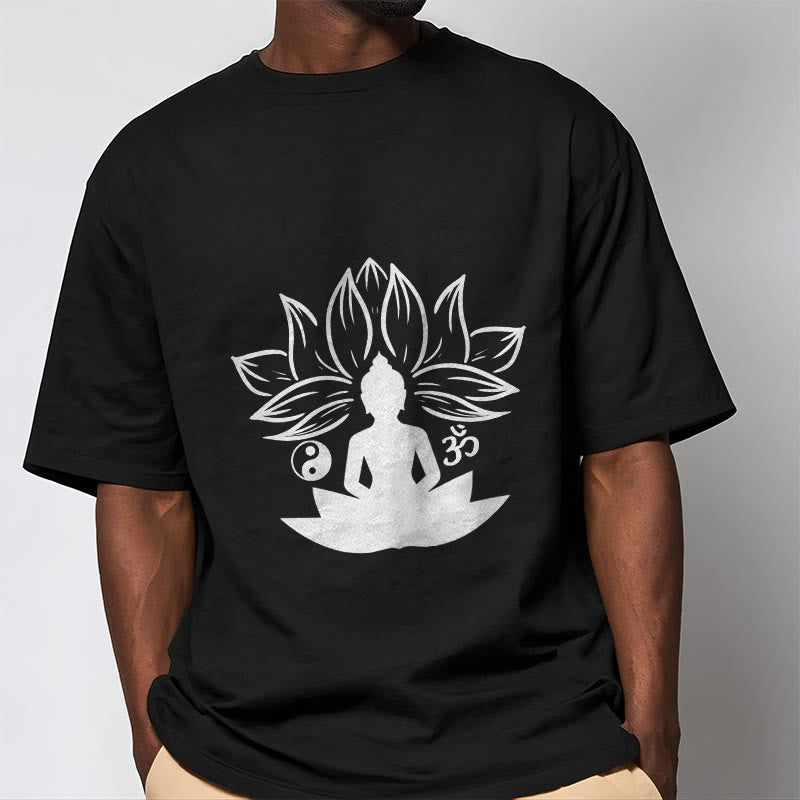 Nimara Ritual Om Yin Yang Buddha Statue Sitting Lotus Meditation Tee T-shirt