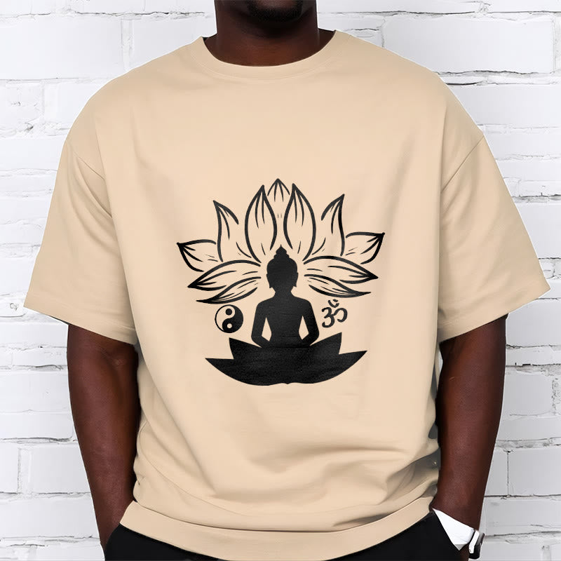 Nimara Ritual Om Yin Yang Buddha Statue Sitting Lotus Meditation Tee T-shirt