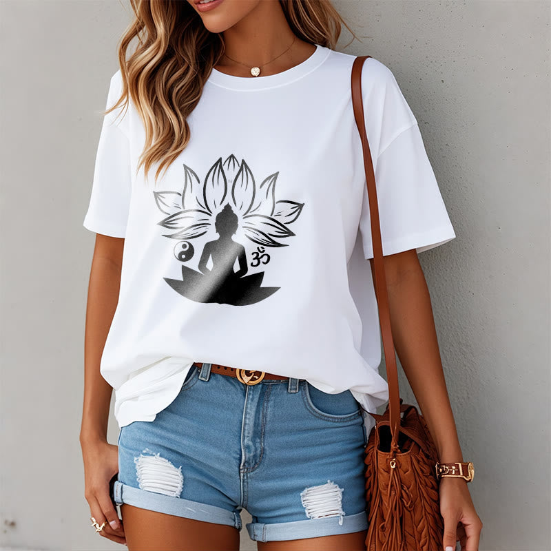 Nimara Ritual Om Yin Yang Buddha Statue Sitting Lotus Meditation Tee T-shirt