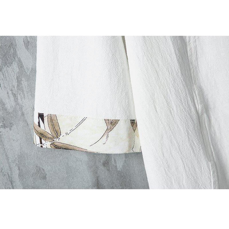 Nimara Ritual Summer Chinese Frog-Button Printing Men's Plain Patchwork Half Sleeve Cotton Linen Shirt