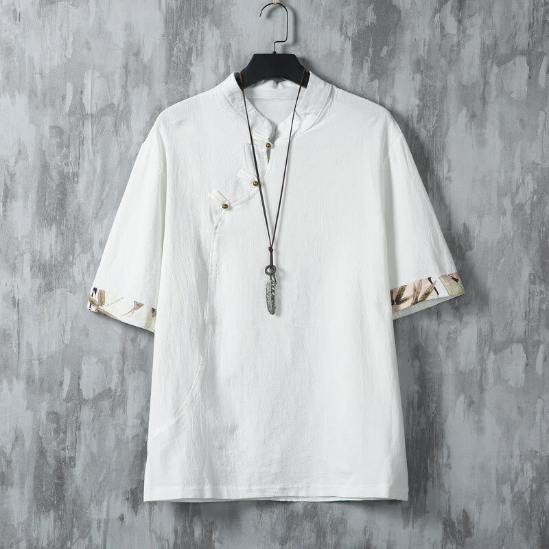 Nimara Ritual Summer Chinese Frog-Button Printing Men's Plain Patchwork Half Sleeve Cotton Linen Shirt