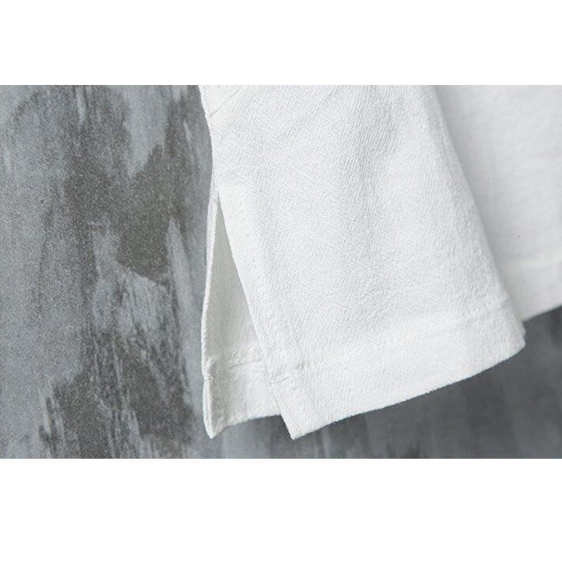 Nimara Ritual Summer Chinese Frog-Button Printing Men's Plain Patchwork Half Sleeve Cotton Linen Shirt