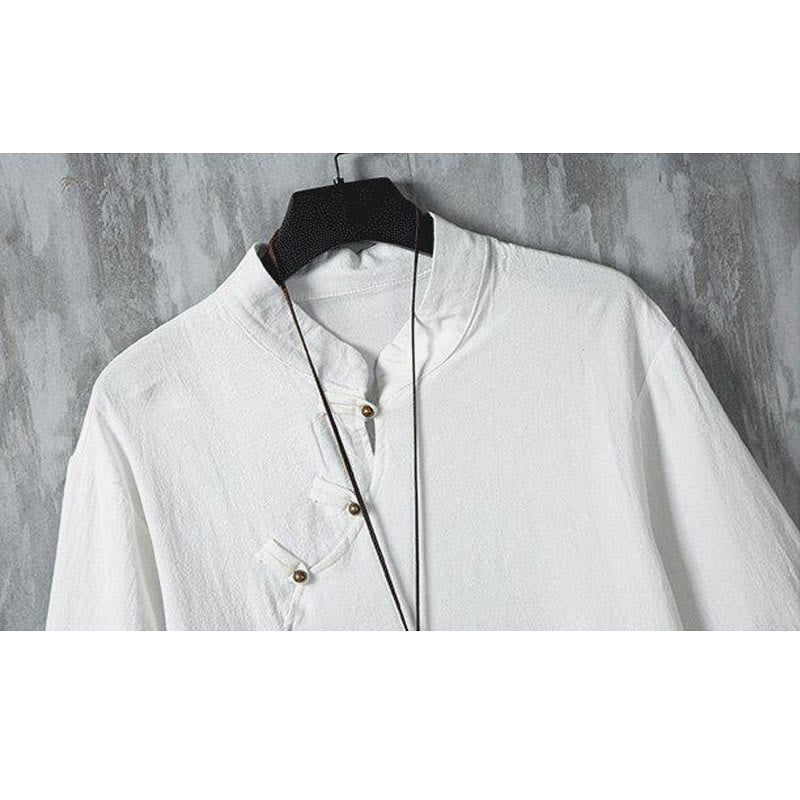Nimara Ritual Summer Chinese Frog-Button Printing Men's Plain Patchwork Half Sleeve Cotton Linen Shirt