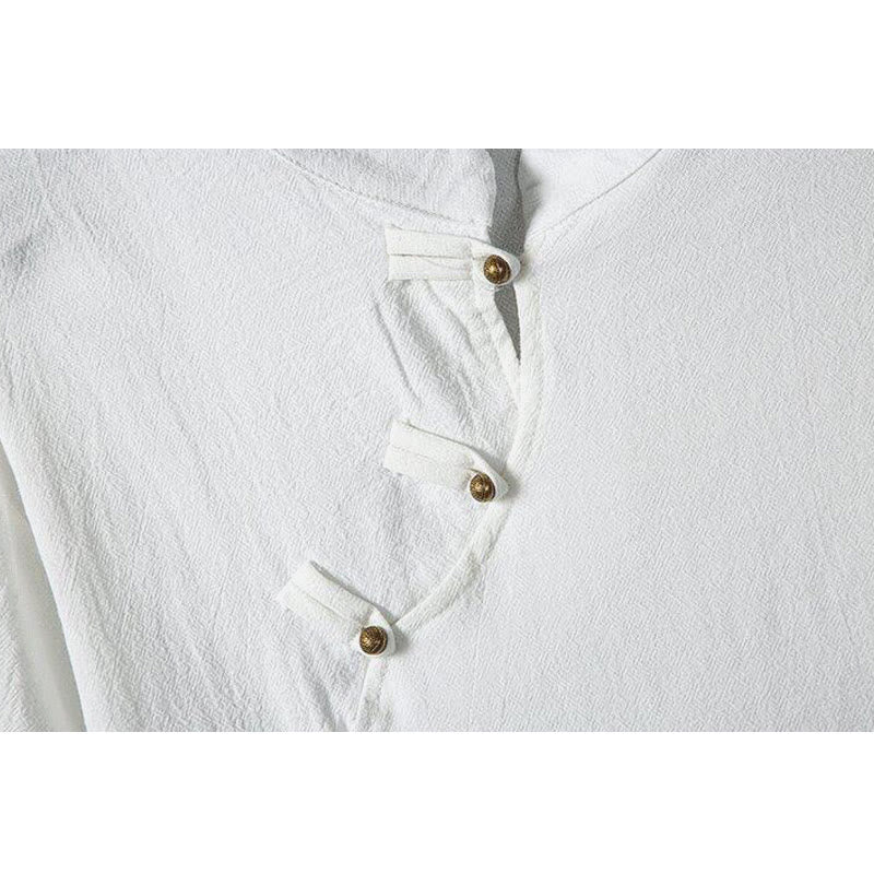Nimara Ritual Summer Chinese Frog-Button Printing Men's Plain Patchwork Half Sleeve Cotton Linen Shirt