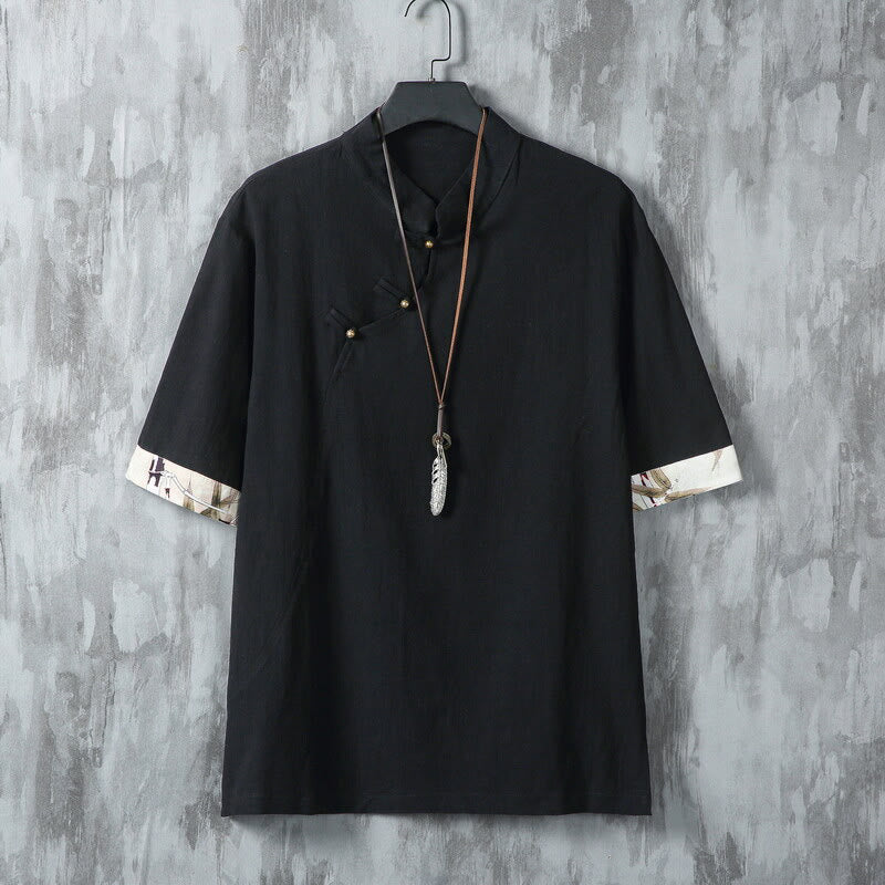 Nimara Ritual Summer Chinese Frog-Button Printing Men's Plain Patchwork Half Sleeve Cotton Linen Shirt