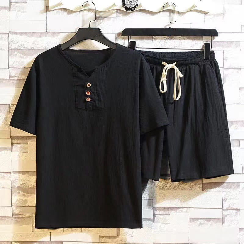 Nimara Ritual 2Pcs Short Sleeve T-Shirt Drawstring Short Pants With Pockets Men's Cotton Linen Meditation Cloth Set