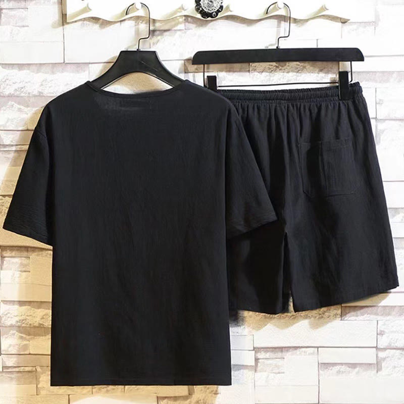 Nimara Ritual 2Pcs Short Sleeve T-Shirt Drawstring Short Pants With Pockets Men's Cotton Linen Meditation Cloth Set