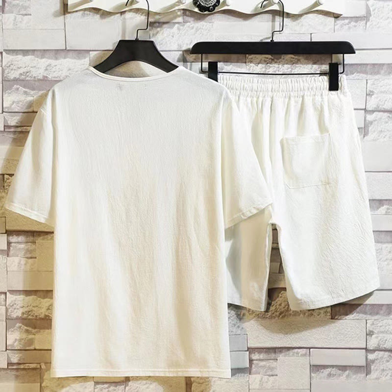 Nimara Ritual 2Pcs Short Sleeve T-Shirt Drawstring Short Pants With Pockets Men's Cotton Linen Meditation Cloth Set
