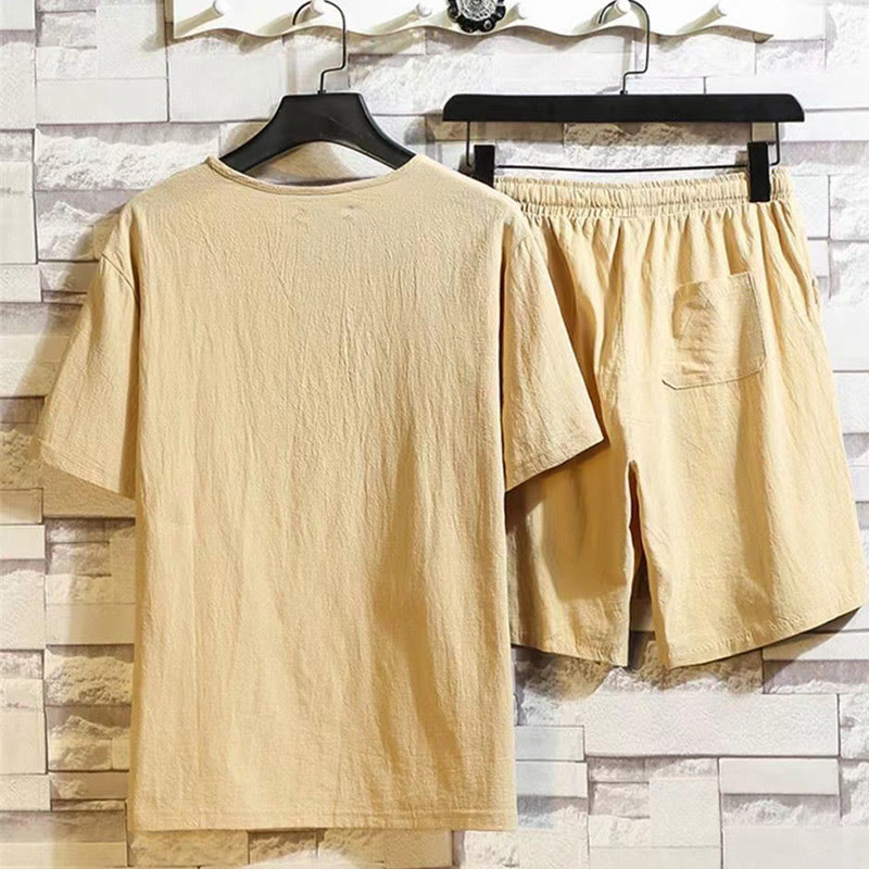 Nimara Ritual 2Pcs Short Sleeve T-Shirt Drawstring Short Pants With Pockets Men's Cotton Linen Meditation Cloth Set