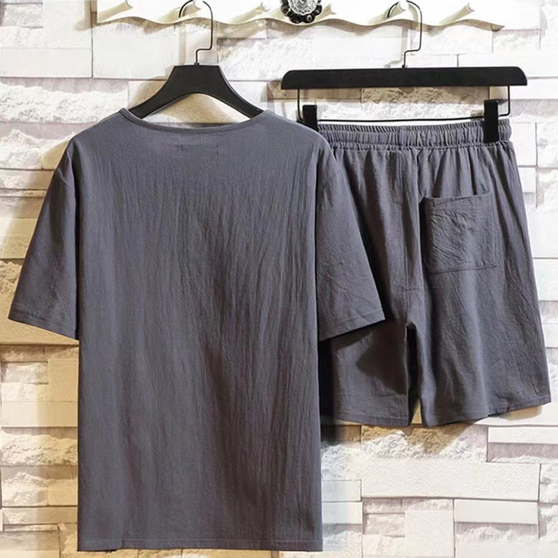 Nimara Ritual 2Pcs Short Sleeve T-Shirt Drawstring Short Pants With Pockets Men's Cotton Linen Meditation Cloth Set