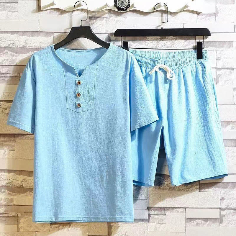 Nimara Ritual 2Pcs Short Sleeve T-Shirt Drawstring Short Pants With Pockets Men's Cotton Linen Meditation Cloth Set