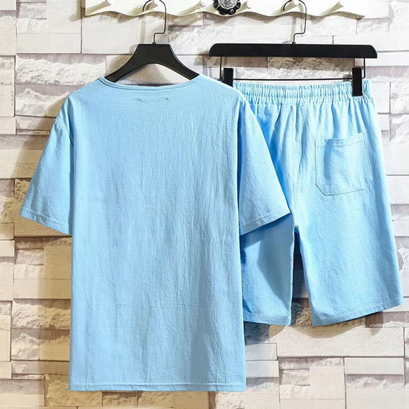 Nimara Ritual 2Pcs Short Sleeve T-Shirt Drawstring Short Pants With Pockets Men's Cotton Linen Meditation Cloth Set