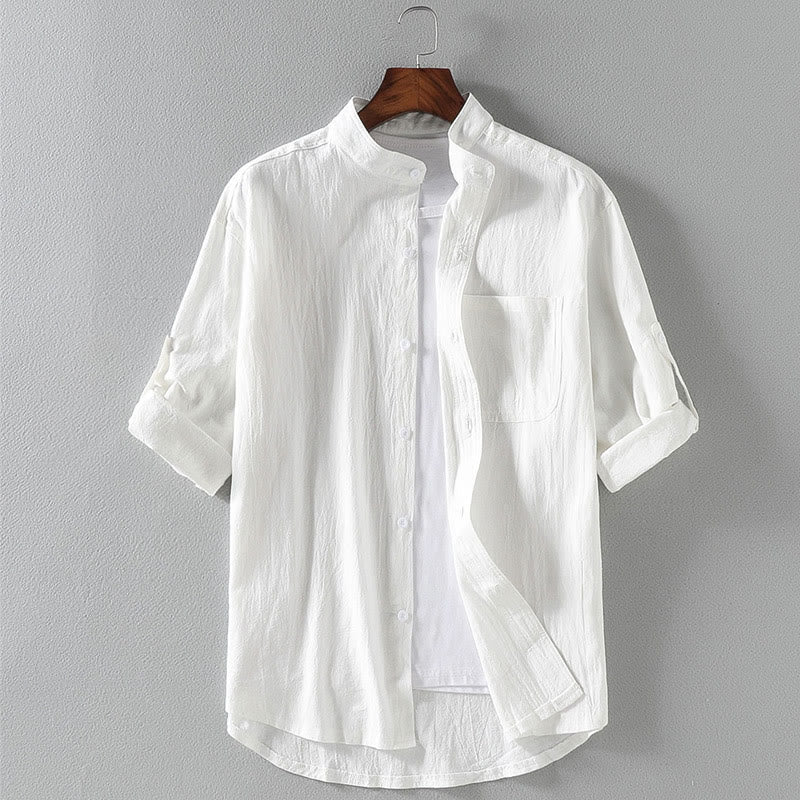 Nimara Ritual Vintage Casual Plain Single Breasted Three Quarter Sleeve Men's Shirt With Pocket