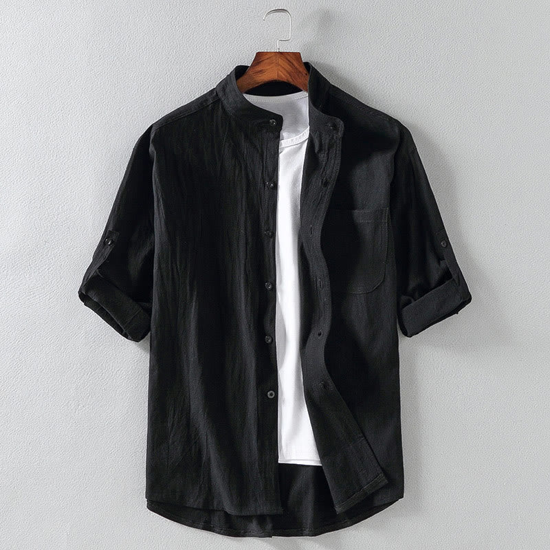 Nimara Ritual Vintage Casual Plain Single Breasted Three Quarter Sleeve Men's Shirt With Pocket