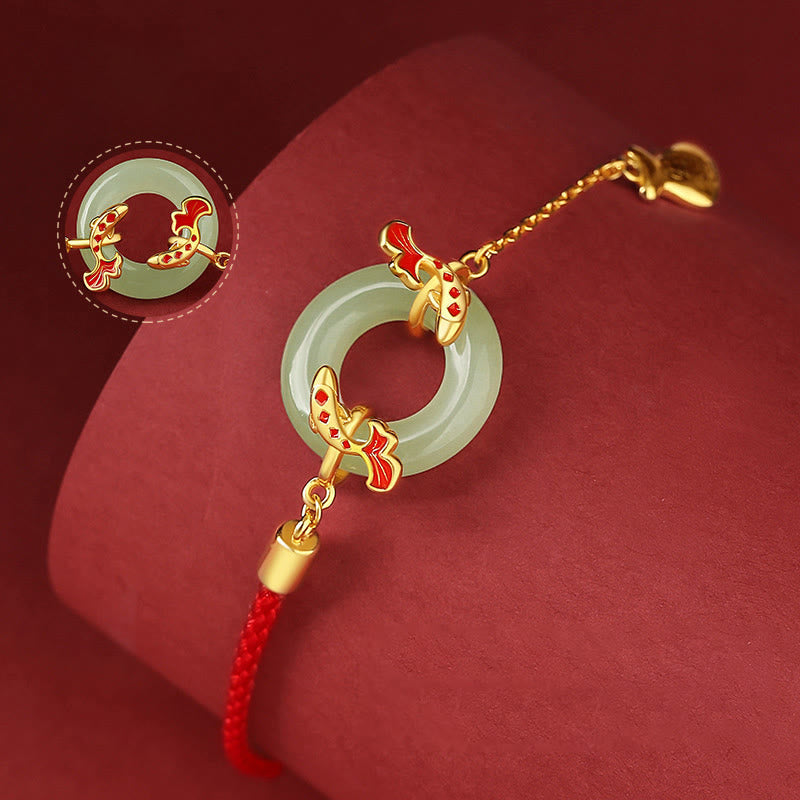 Nimara Ritual 999 Sterling Silver Hetian White Jade Double Koi Fish Peace Buckle Lucky Charm Wealth Bracelet