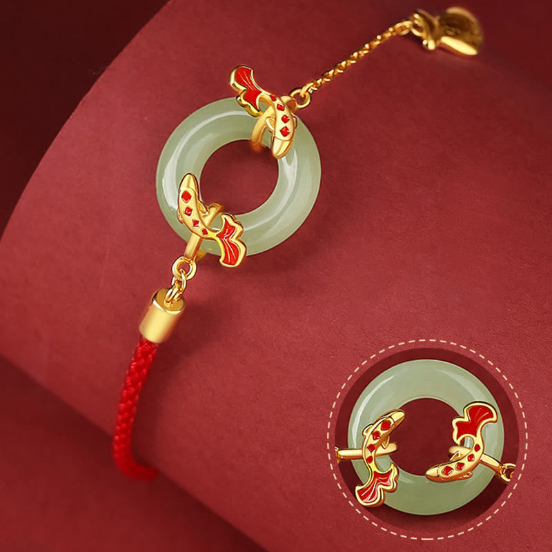 Nimara Ritual 999 Sterling Silver Hetian White Jade Double Koi Fish Peace Buckle Lucky Charm Wealth Bracelet