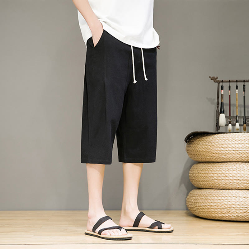 Nimara Ritual Casual Summer Drawstring Solid Color Cropped Cotton Linen Men's Harem Pants With Pockets