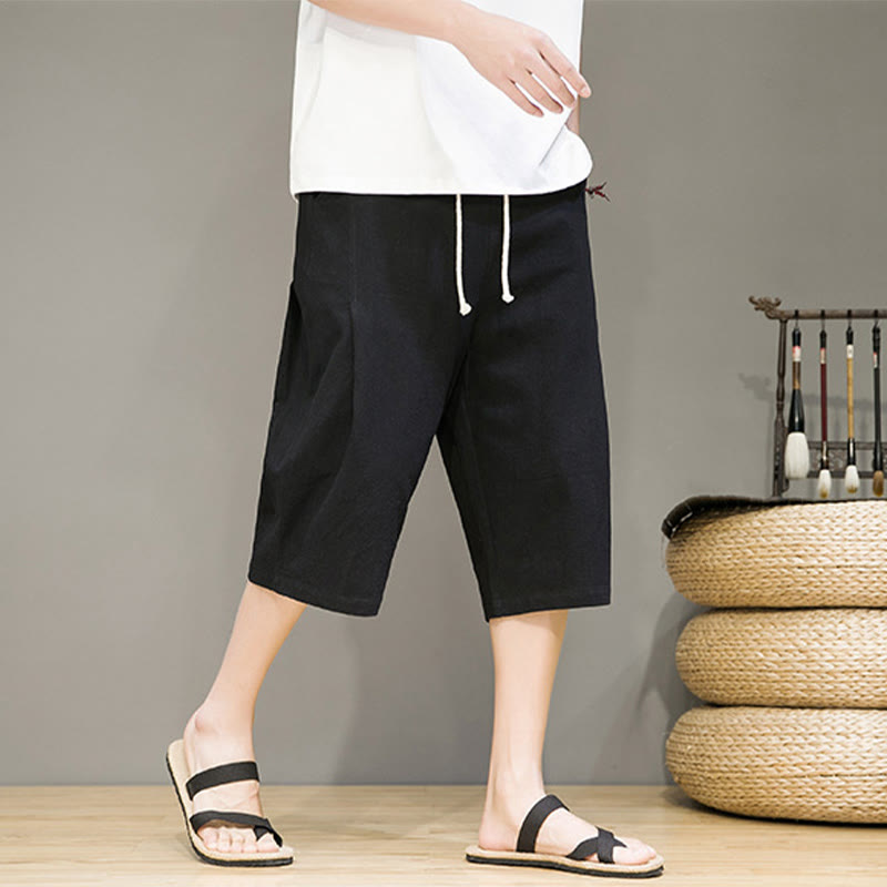 Nimara Ritual Casual Summer Drawstring Solid Color Cropped Cotton Linen Men's Harem Pants With Pockets