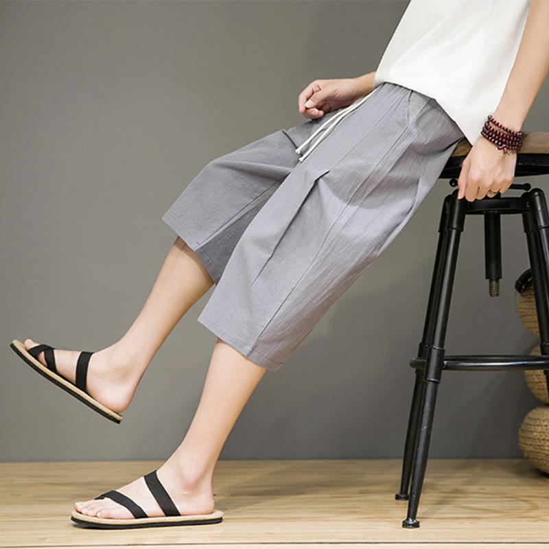 Nimara Ritual Casual Summer Drawstring Solid Color Cropped Cotton Linen Men's Harem Pants With Pockets