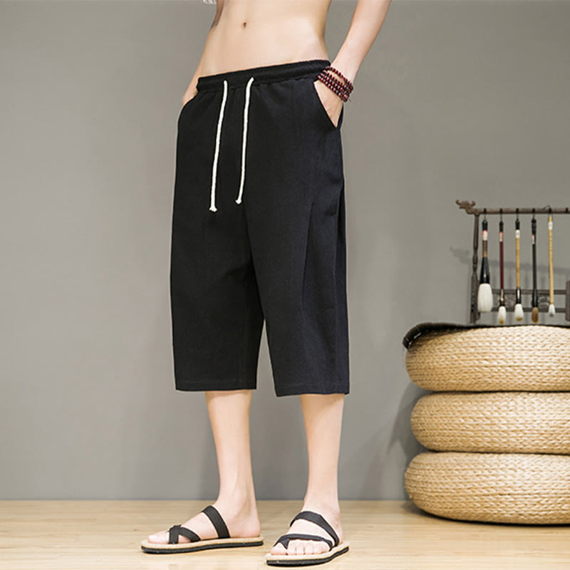 Nimara Ritual Casual Summer Drawstring Solid Color Cropped Cotton Linen Men's Harem Pants With Pockets
