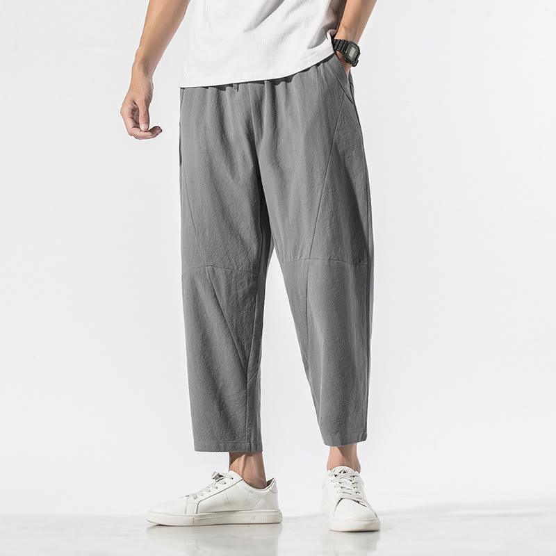 Nimara Ritual Vintage Jacquard Solid Color Drawstring Cotton Linen Men's Harem Pants With Pockets