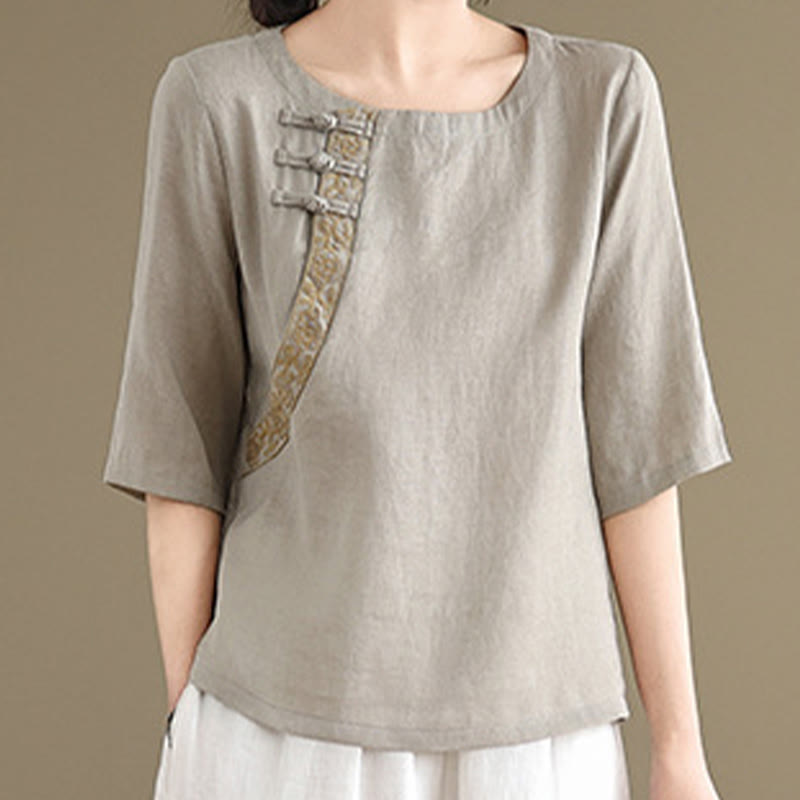 Nimara Ritual Casual Women's Embroidered Flower Pattern Frog-Button Crew Neck Design Half Sleeve Shirt