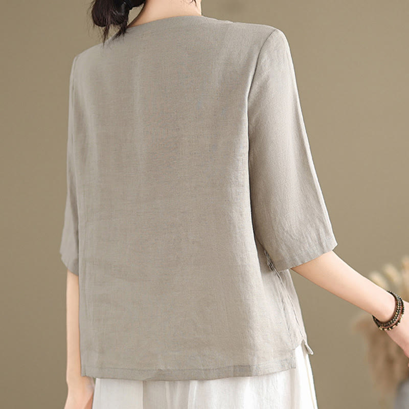 Nimara Ritual Casual Women's Embroidered Flower Pattern Frog-Button Crew Neck Design Half Sleeve Shirt