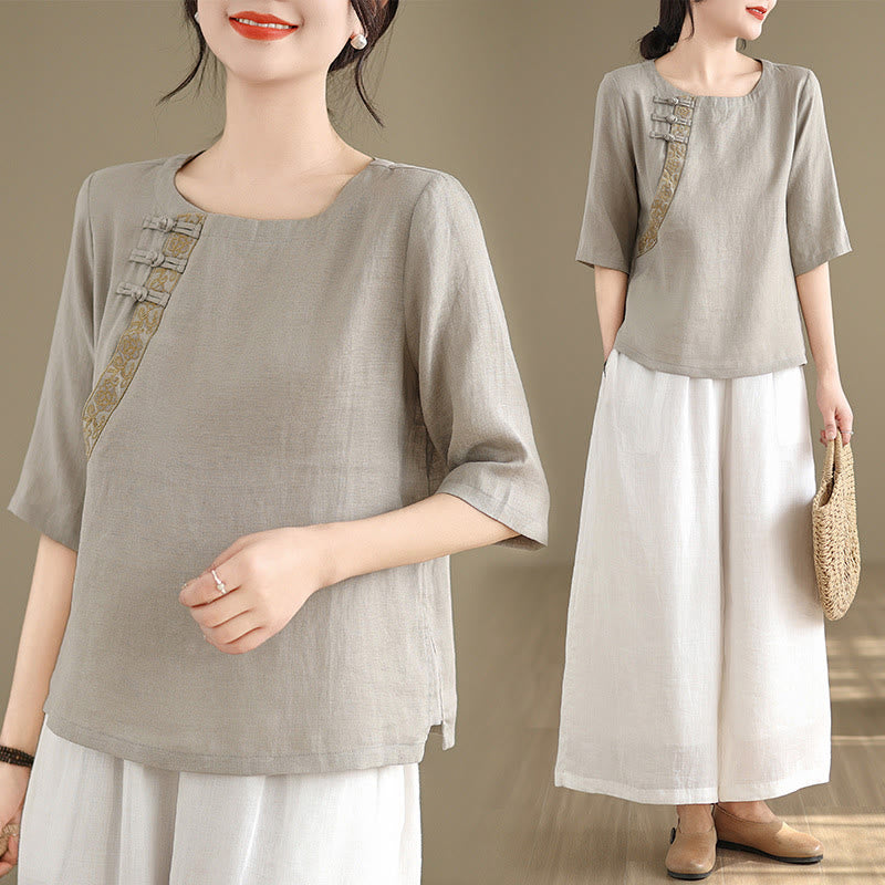Nimara Ritual Casual Women's Embroidered Flower Pattern Frog-Button Crew Neck Design Half Sleeve Shirt