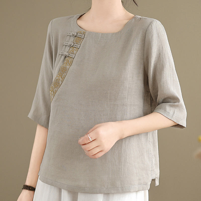 Nimara Ritual Casual Women's Embroidered Flower Pattern Frog-Button Crew Neck Design Half Sleeve Shirt
