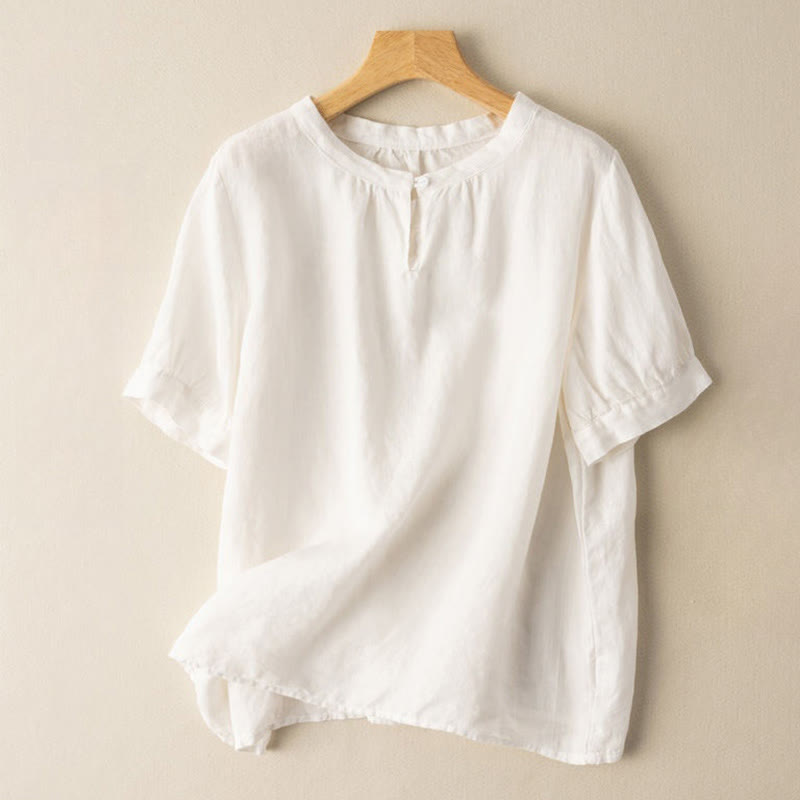 Nimara Ritual Casual Women's Plain Crew Neck Button Design Half Sleeve Linen Shirt
