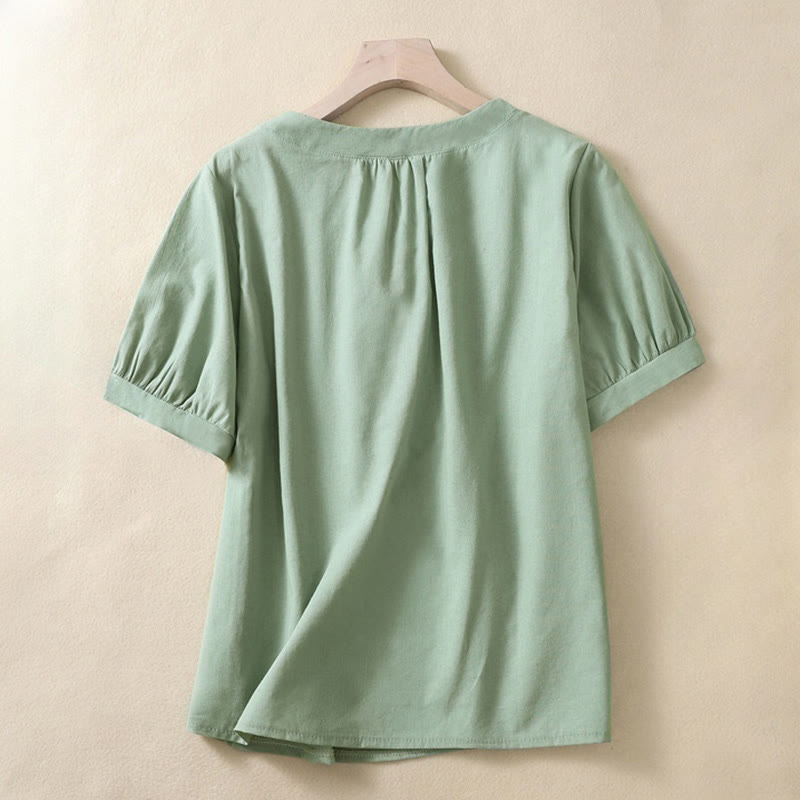 Nimara Ritual Casual Women's Plain Crew Neck Button Design Half Sleeve Linen Shirt