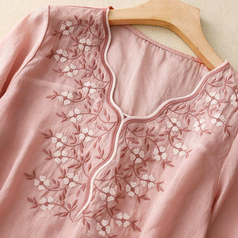 Nimara Ritual Summer Casual Embroidered Flowers Women's V-neck Design Half Sleeve Acrylic T-shirt