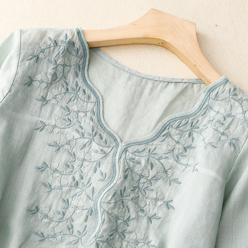 Nimara Ritual Summer Casual Embroidered Flowers Women's V-neck Design Half Sleeve Acrylic T-shirt