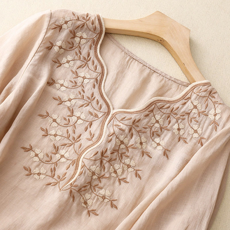 Nimara Ritual Summer Casual Embroidered Flowers Women's V-neck Design Half Sleeve Acrylic T-shirt