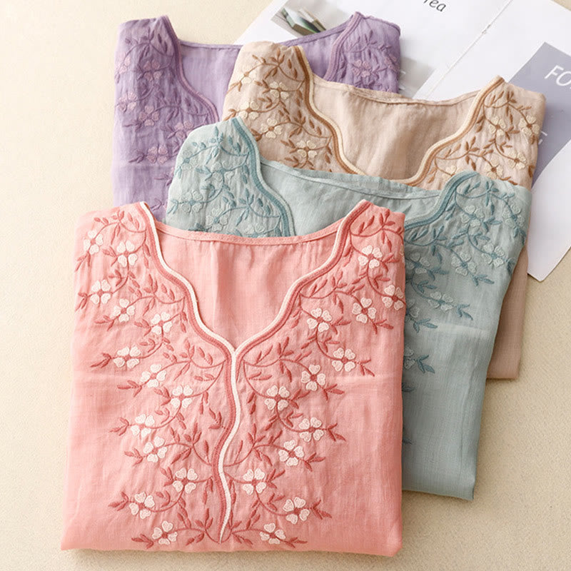 Nimara Ritual Summer Casual Embroidered Flowers Women's V-neck Design Half Sleeve Acrylic T-shirt