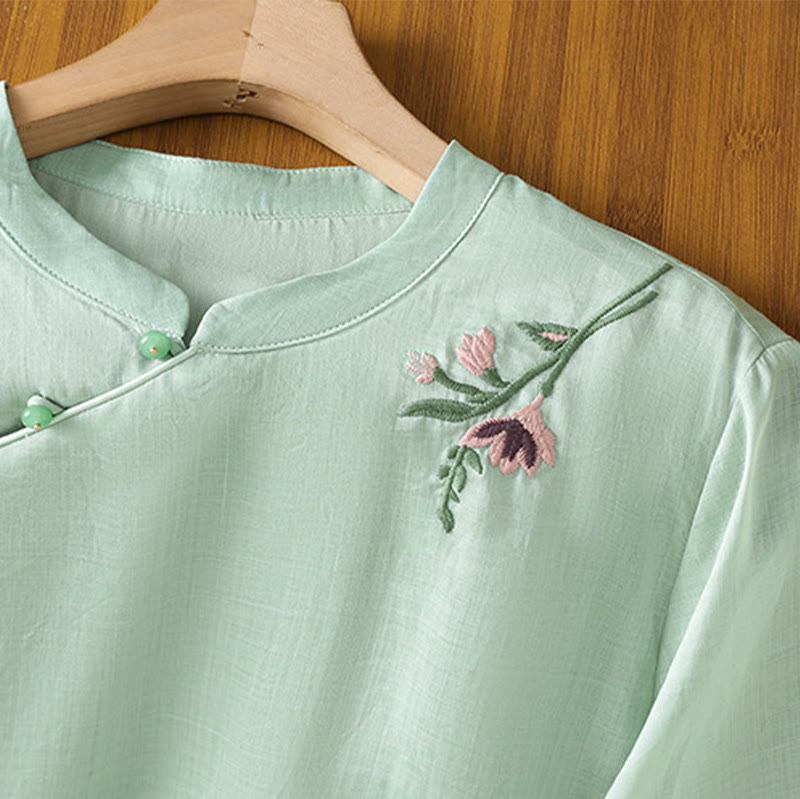 Nimara Ritual Casual Women's Flowers Leaves Embroidery Pattern Frog-Button Crew Neck Design Half Sleeve Cotton Linen Shirt