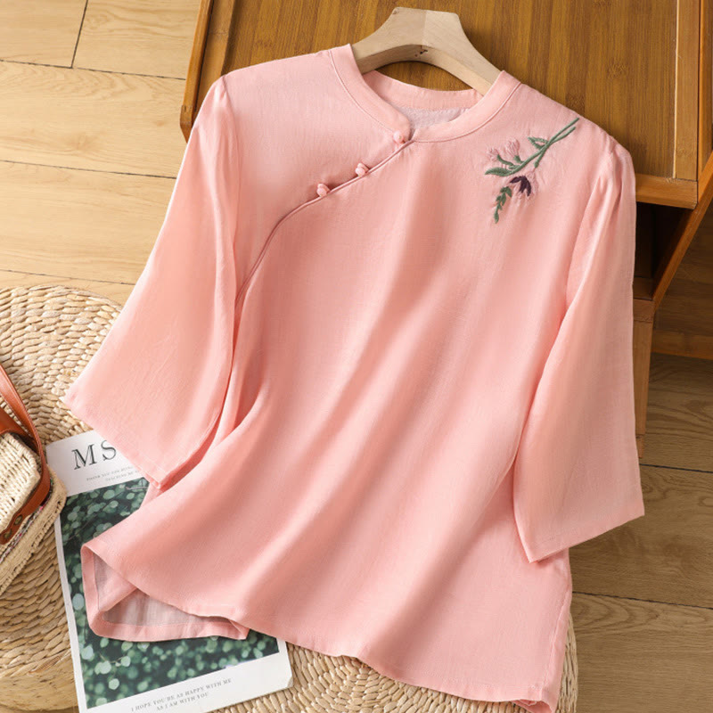 Nimara Ritual Casual Women's Flowers Leaves Embroidery Pattern Frog-Button Crew Neck Design Half Sleeve Cotton Linen Shirt